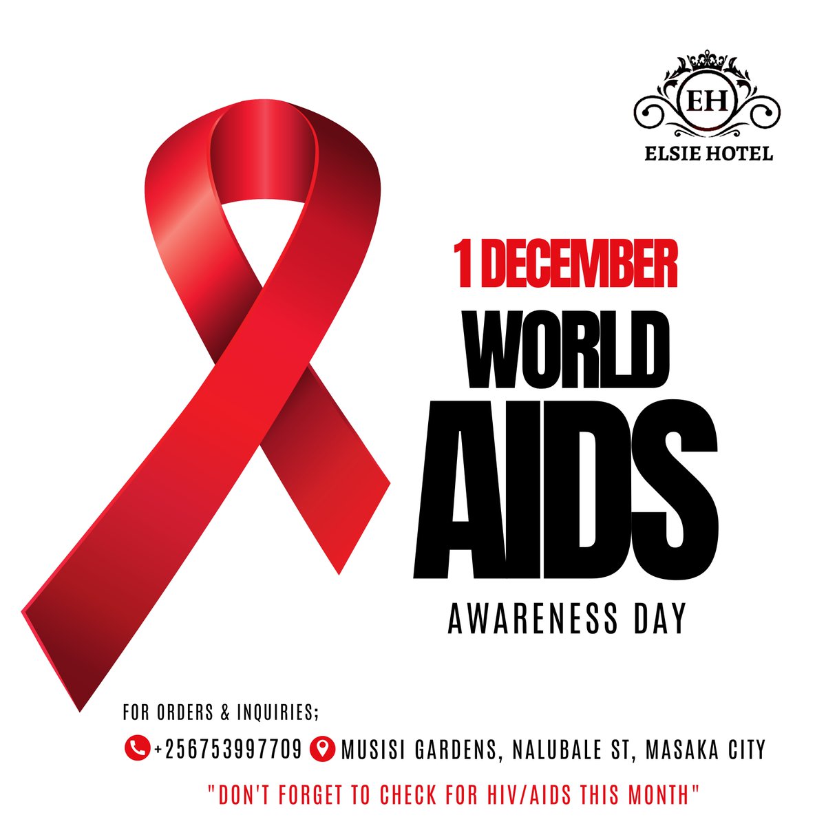 ElsieHotel's tweet photo. "EQUALIZE" urges each of us to address the inequalities holding back progress in ending AIDs.
For Orders & Inquiries.
Call: +256753997709
E-mail: Reservation.elsiehotelmasaka@gmail.com
Location: Musisi Gardens, Nalubale St, Masaka City
#WorldAIDSDay #AIDS #AIDSDay #AIDSAwarenes https://t.co/rqN0UEmnzc