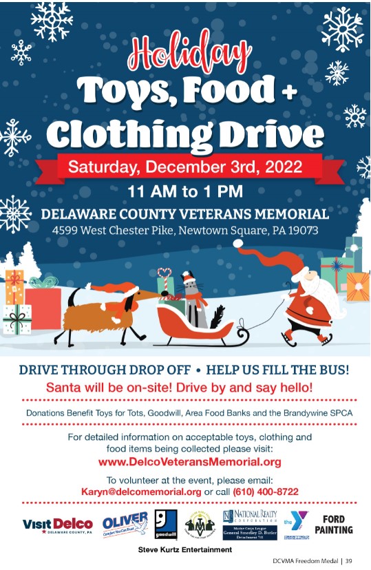 Please help us spread holiday cheer by bringing a donation to the Delaware County Veterans Memorial on Saturday, December 3 from 11am - 1pm.