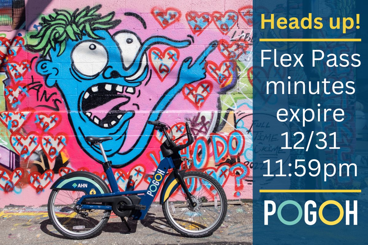 pogohbikes's tweet photo. A friendly reminder to all of our Flex Pass Members: Flex Pass minutes expire at the end of the year. If you're sitting on a bank of ride time, use it up while you can! #burghbikes #bikeshare #bikepgh #pittsburgh #pogoh https://t.co/fqvg7lPCSn