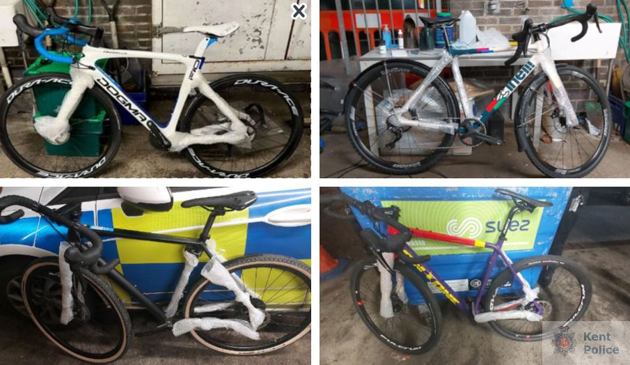 Officers have recovered several stolen bicycles after they were tracked to a service station near #Folkestone. A man has also been arrested for burglary. Do you recognise any of these bikes? kent.police.uk/news/kent/late…