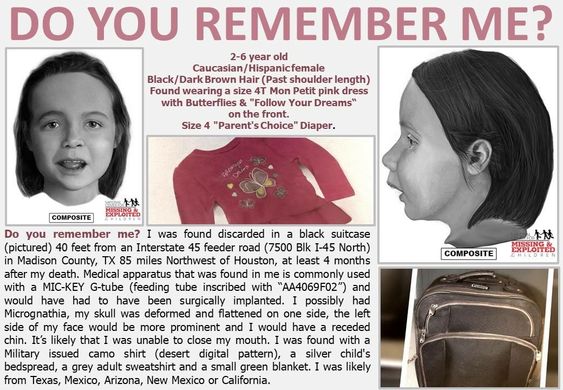 TrulyCriminal1's tweet photo. Do you recognise this person? Her remains were found in #MadisonCounty, #Texas concealed in a suitcase. If you have any information, please contact the Madison County Sheriff's Office.
#janedoe #dnadoeproject #namelessdoes #unidentifiedperson #thedoefiles #missingchild https://t.co/GUoEIOD3MP