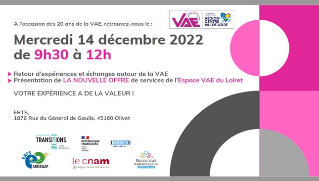 Cnamcentre's tweet photo. đ Les 20 ans de la #VAE
đ Acteurs de la #Formation et de la Transition Prof., beaucoup de choses changent sur la VAE ! LâEspace VAE du Loiret organise une manifestation le 14 dĂ©c. de 9h30-12h
https://t.co/wcCL4AgLAK
#validationdesacquis #transitionprofessionnelle #emploi https://t.co/dVWS6ap8Ed