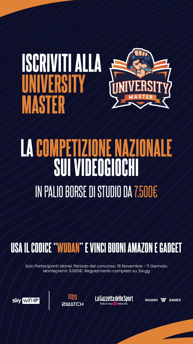 Wudan Games (@wudangames) on Twitter photo Uno dei più grandi tornei nazionali dedicato agli universitari.
Gratuito e mette in palio borse di studio fino a 7.500€.
<a href="/ClashRoyaleIT/">Clash Royale IT</a> <a href="/RocketLeague/">Rocket League</a>
<a href="/we_konami/">eFootball™公式</a> <a href="/efootballitalia/">efootballitalia</a>
ISCRIVITI: bit.ly/3ONMMUZ
*inserisci il codice WUDAN per ricevere buoni amazon e gadget Uno dei più grandi tornei nazionali dedicato agli universitari.
Gratuito e mette in palio borse di studio fino a 7.500€.
<a href="/ClashRoyaleIT/">Clash Royale IT</a> <a href="/RocketLeague/">Rocket League</a>
<a href="/we_konami/">eFootball™公式</a> <a href="/efootballitalia/">efootballitalia</a>
ISCRIVITI: bit.ly/3ONMMUZ
*inserisci il codice WUDAN per ricevere buoni amazon e gadget