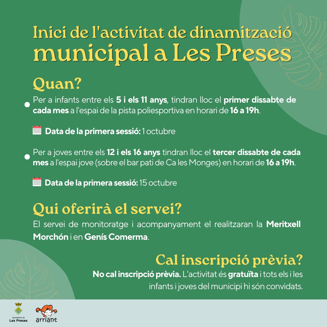 lespreses_cat's tweet photo. 🟠Ei que aquest  dissabte primer de mes tenim l'activitat de dinamització per a infants entre 5 i 11 anys 😎
🎯T'esperem a la pista poliesportiva. 
🕒Hi som de 16.00 a 19.00 h
🙆‍♀️🙆Hi haurà la Meritxel Morchón i en Genís Comerma
@Arriant_ https://t.co/g93KF4IFlB