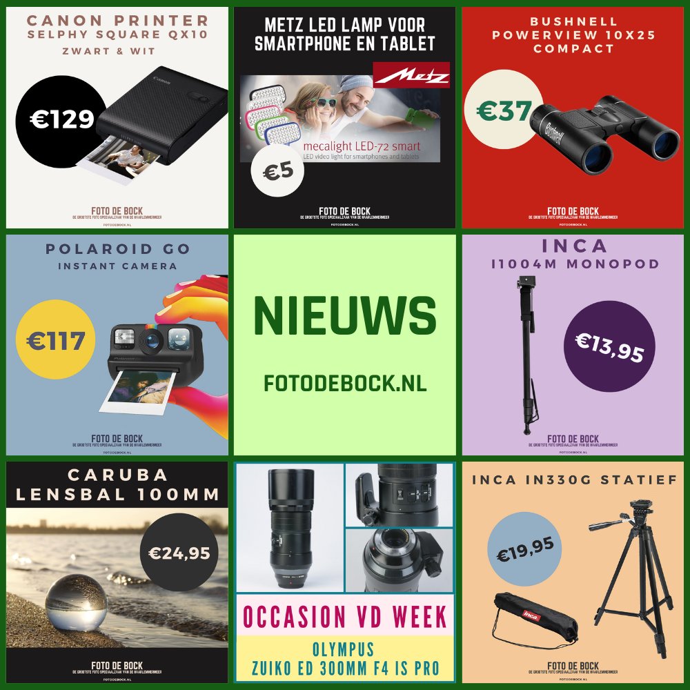 #FotoDeBock #Nieuws 1-12-2022 

fotodebock.nl/foto-de-bock-n… 

WIN EEN ACTION CAM: eepurl.com/bMYXKn 

#SelfiePrinter #BushnellVerrekijker #PolaroidGo #Lensbal100mm #Inca2xStatief #MetzLedLampje #BraunDigiFrame #Flitsworkshop #VervolgWorskhop #Actie #FotoDeBockNieuws
