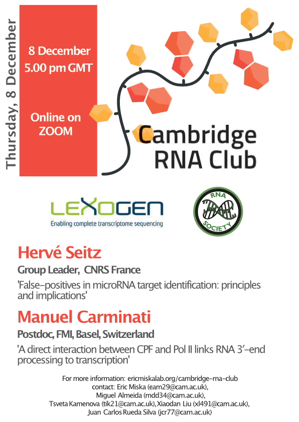 Cambridge RNA Club (@cambridgerna) on Twitter photo It is so exciting that we can see more people online for this month's event! 👏👏 8th December, 5pm GMT, online event for all of the people interested in RNA. We are happy to invite <a href="/SeitzHerve/">Hervé Seitz</a> <a href="/_M_Carminati/">Manuel Carminati</a> in the Christmas month and see you next week online!🧑🔬🧪🎅 It is so exciting that we can see more people online for this month's event! 👏👏 8th December, 5pm GMT, online event for all of the people interested in RNA. We are happy to invite <a href="/SeitzHerve/">Hervé Seitz</a> <a href="/_M_Carminati/">Manuel Carminati</a> in the Christmas month and see you next week online!🧑🔬🧪🎅
