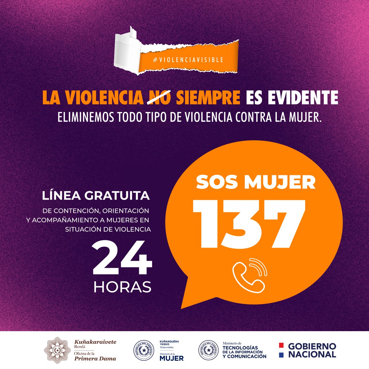 📱| La línea SOS MUJER (137) de contención, orientación y acompañamiento a mujeres en situación de violencia, es de cobertura nacional, las 24h del día y de acceso gratuito.

Funciona de manera coordinada con la Policía Nacional y otras instancias.

#ViolenciaVisible #SosMujer137