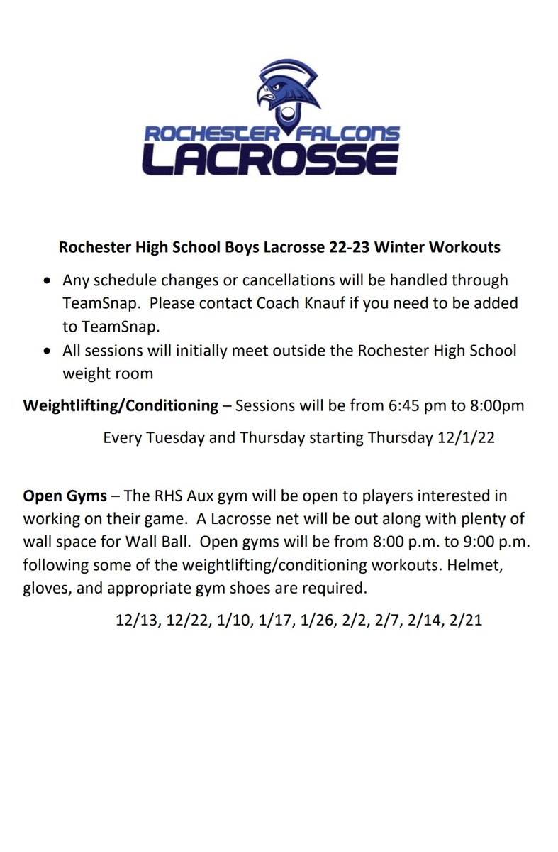 Winter workouts start tonight! 6:45pm to 8pm at the RHS weight room. Spread the word to anyone interested in playing lacrosse in 2023. #GoFalcons