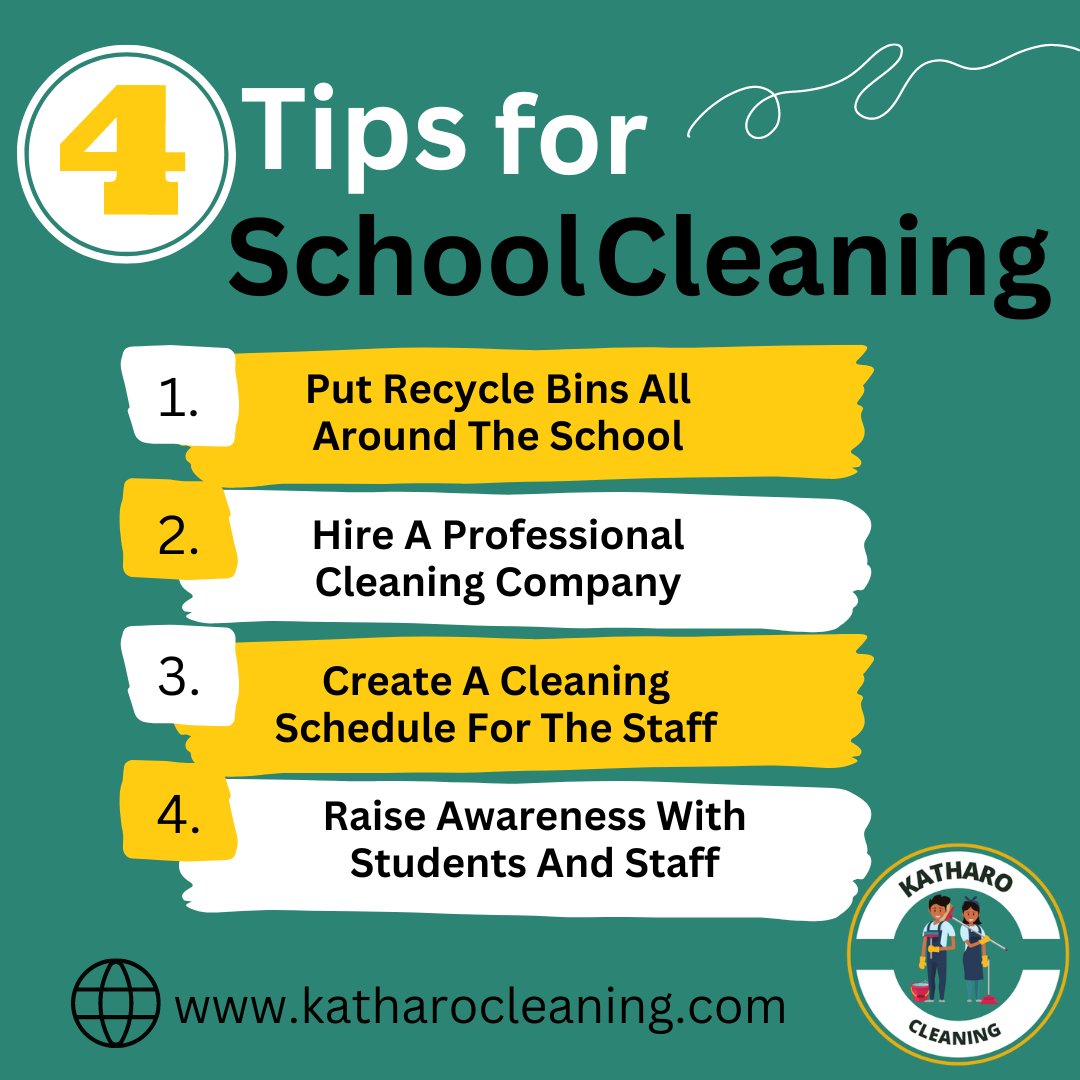 KatharoCleaning's tweet photo. Tips for School Cleaning
1. Put Recycle Bins All Around The School.
2. Hire A Professional Cleaning Company.
3. Create A Cleaning Schedule For The Staff.
4. Raise Awareness With Students And Staff.

Visit Now: https://t.co/hPmU9R0F59

#clean #cleaningservice #katharocleaning https://t.co/AI3f0eXaZW