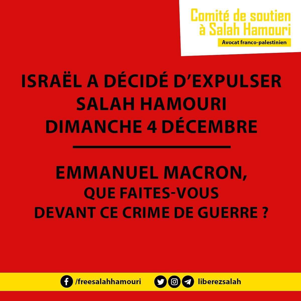 🚩 Depuis 9 mois @EmmanuelMacron @MinColonna @franceenisrael se disent mobilisés pour la libération de Salah Hamouri en détention depuis le 07.03. et risque d'être expulsé de force le 4 décembre.
#LiberezSalah #JusticeforSalah