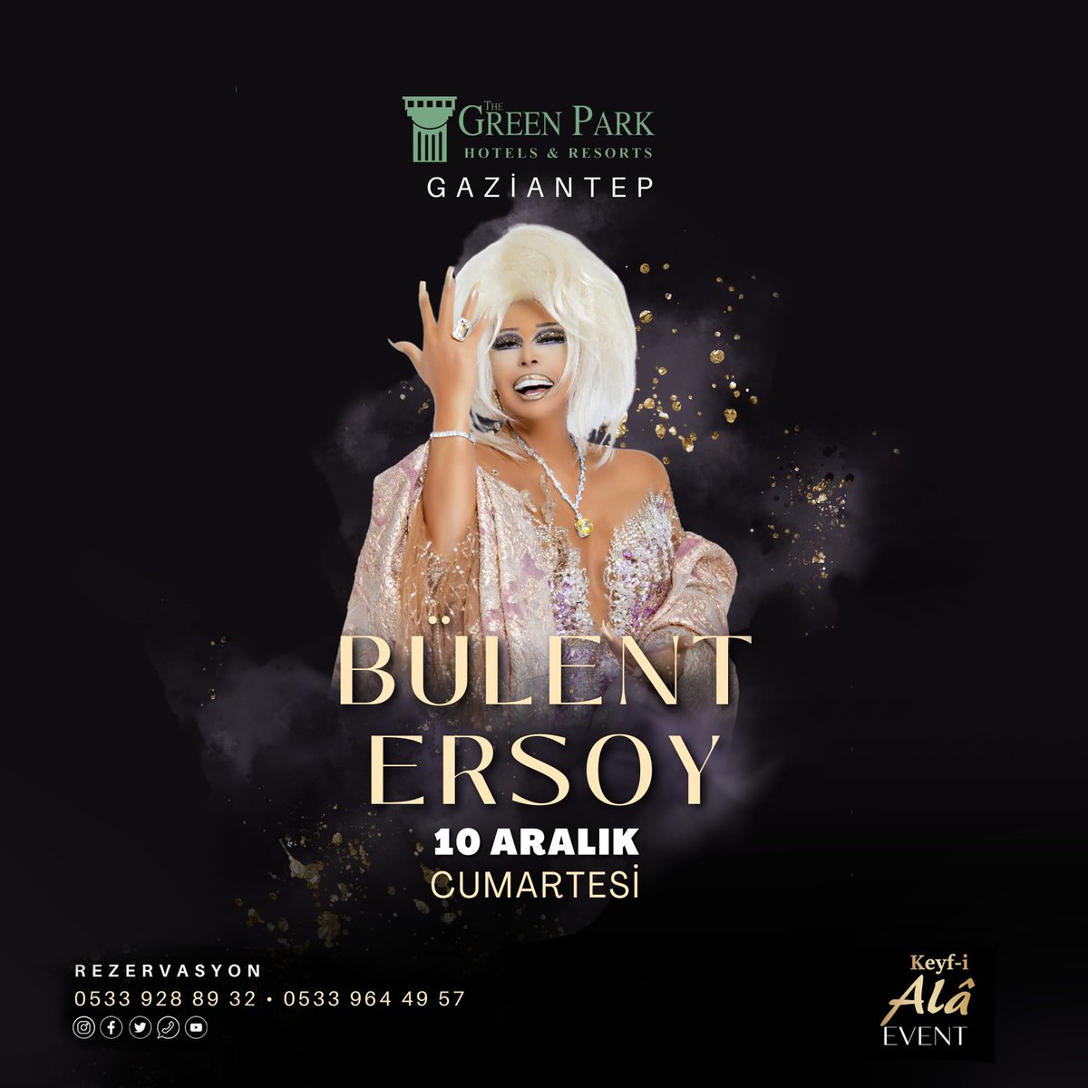 Diva 10 Aralık Cumartesi günü The Green Park Gaziantep'de
- Menü 📜
= Başlangıç
8 Çeşit serpme meze
Çiğ köfte
= Ara Sıcak 🍴
Avcı Böreği
Mevsim Salatası
= Ana yemek 🍽
Kuzu Tandır
= Tatlı 🥄
Meyveli Cheese Cake

🍻 Limitsiz İçki 🍻

Olmak üzere 1.500 TL'den başlayan fiyatlarla.