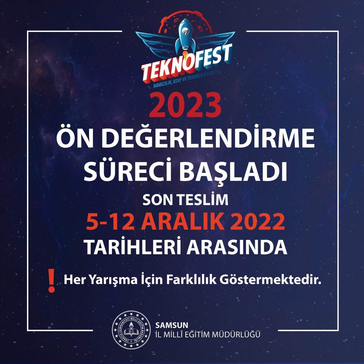 samsunmem's tweet photo. Teknofest 2023 Ön Değerlendirme Süreci Başladı. 
Ön Değerlendirme Raporlarının (ÖDR) ve Proje Tanıtım Videoları 5-12 Aralık 2022 tarihleri arasında teslim edilecek.

https://t.co/tJhIOwYGDQ

@zulkifdagli
@muratagar60
@teknofest https://t.co/yVcwVusIlj