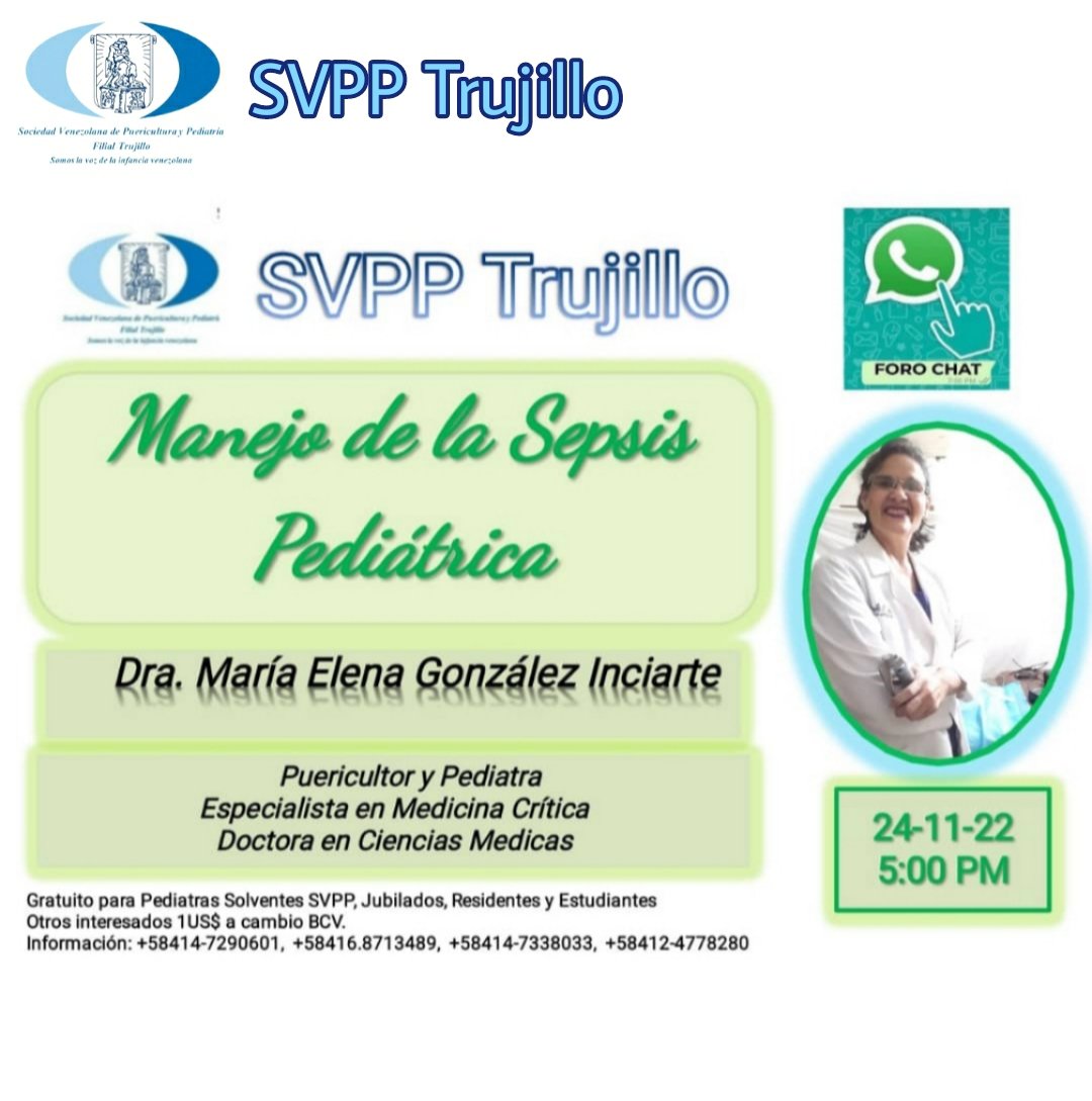 FilialSvpp's tweet photo. Manejo de la Sepsis Pediátrica
Dra. María Elena González Inciarte
@nenagoin
Pediatra Puericultor
Especialista en Medicina Crítica
24/11/2022
206 participantes
#sepsis
#stopsepsis
#pediatria
#sepsispediatrica
#SVPP
#OMS
#EMC
#educacionmedica
#remota
#SVPPFilialTrujillo https://t.co/I5XGvcNzTF