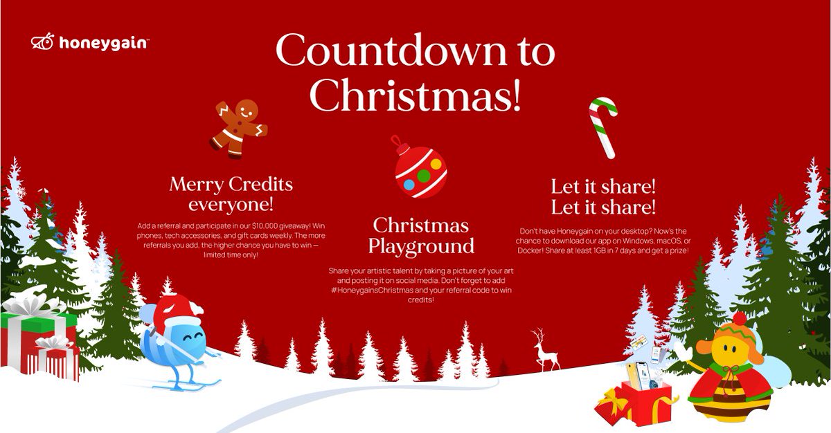 Honeygain_App's tweet photo. #Winter is finally here, and #Honeygain is excited for #Christmas 🎄 This #Holiday season, we have amazing gifts from The Big Santa’s List! ❄️ Participate in our 3 contests and win #Phones, #Tech gadgets, and Honeygain credits❗

Learn more 👉 https://t.co/cm9QuiPLxW https://t.co/0jxO57H9hk
