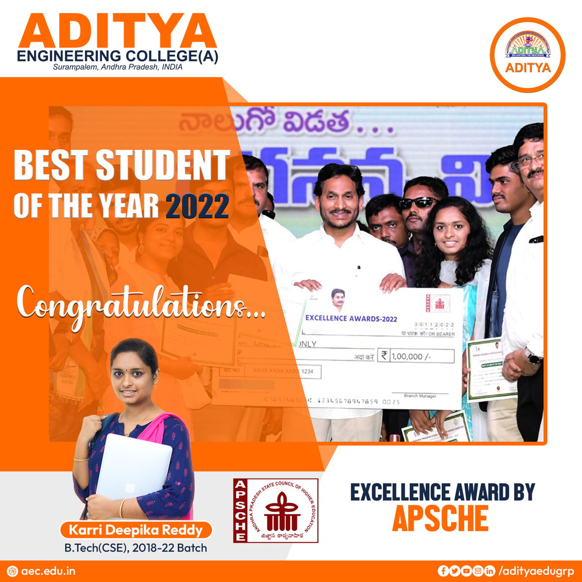 adityaedugrp's tweet photo. Congratulations Deepika for being awarded as Best Student of the year 2022 by APSCHE.
#Adityan #APSCHE #BestStudent2022 #StudentOfTheYear #ExcellenceAwards https://t.co/B3HvtwV9uf