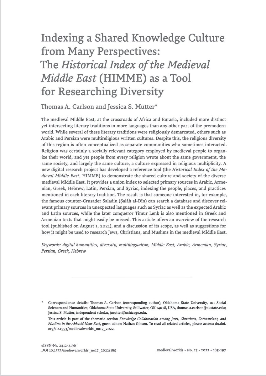 UsaybiaNet's tweet image. Then 2 exciting project reports. Thomas Carlson and Jessica Mutter @DoktorMutter share about Historical Index of the Medieval Middle East medievalmideast.org, where you can search for  20K persons, 18K places, and 1,600 practices ...

#openaccess doi.org/10.1553/mediev…