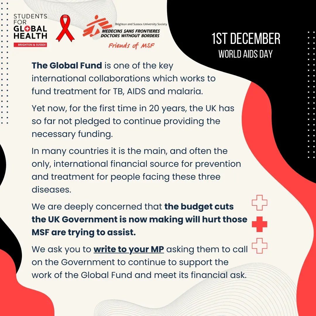 SfGH_BSMS's tweet photo. 🔴 Today is #WorldAIDSDay, celebrating how far we've come in developing sustainable treatments and undoing years of stigma. It's important not to undermine our progress by asking the UK government to maintain its relationship with the Global Fund. 🌹

 #GlobalHealthALocalIssue https://t.co/EDOyLmYagc