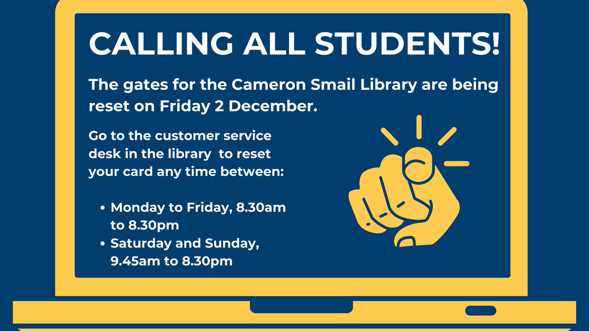 The gates for Edinburgh Campus Library are being reset on Friday 2 December. This means you’ll need to reset your card to access the library. You can do this on your next visit (after Friday!) Mon-Fri 08:30-20:30 Sat-Sun 09:45-20:30 #hwu #hwunion #hwsucess