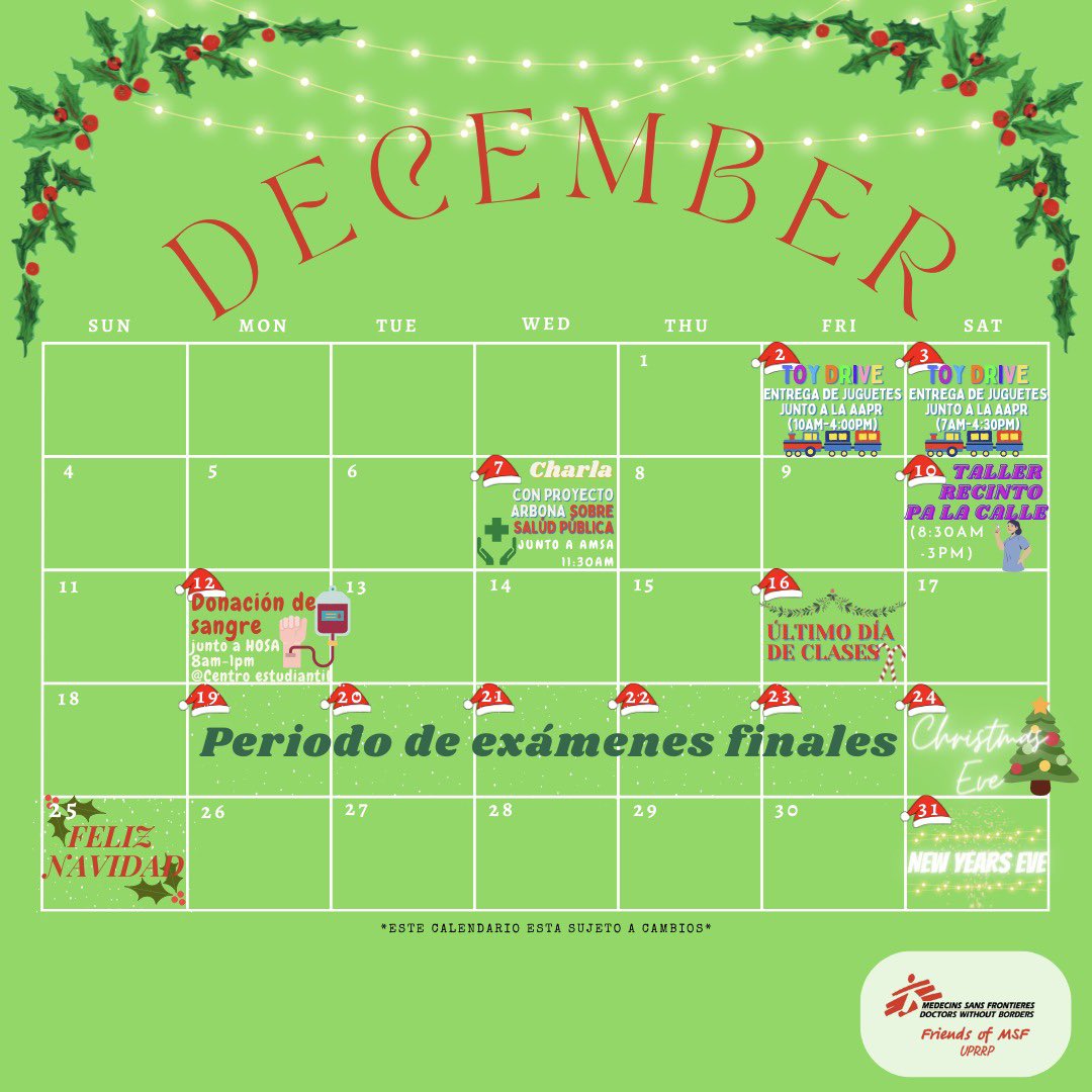 FriendsMSFuprrp's tweet photo. 🎄𝗖𝗔𝗟𝗘𝗡𝗗𝗔𝗥𝗜𝗢 𝗗𝗘 𝗗𝗜𝗖𝗜𝗘𝗠𝗕𝗥𝗘 𝟮𝟬𝟮𝟮🎄

Estas son las actividades planificadas para el mes de diciembre. Recuerden que pueden surgir más durante el mes.

¡Les esperamos!🎅

#FoMSF #UPRRP #FoMSFUPRRP https://t.co/Z8UrdI7lUR