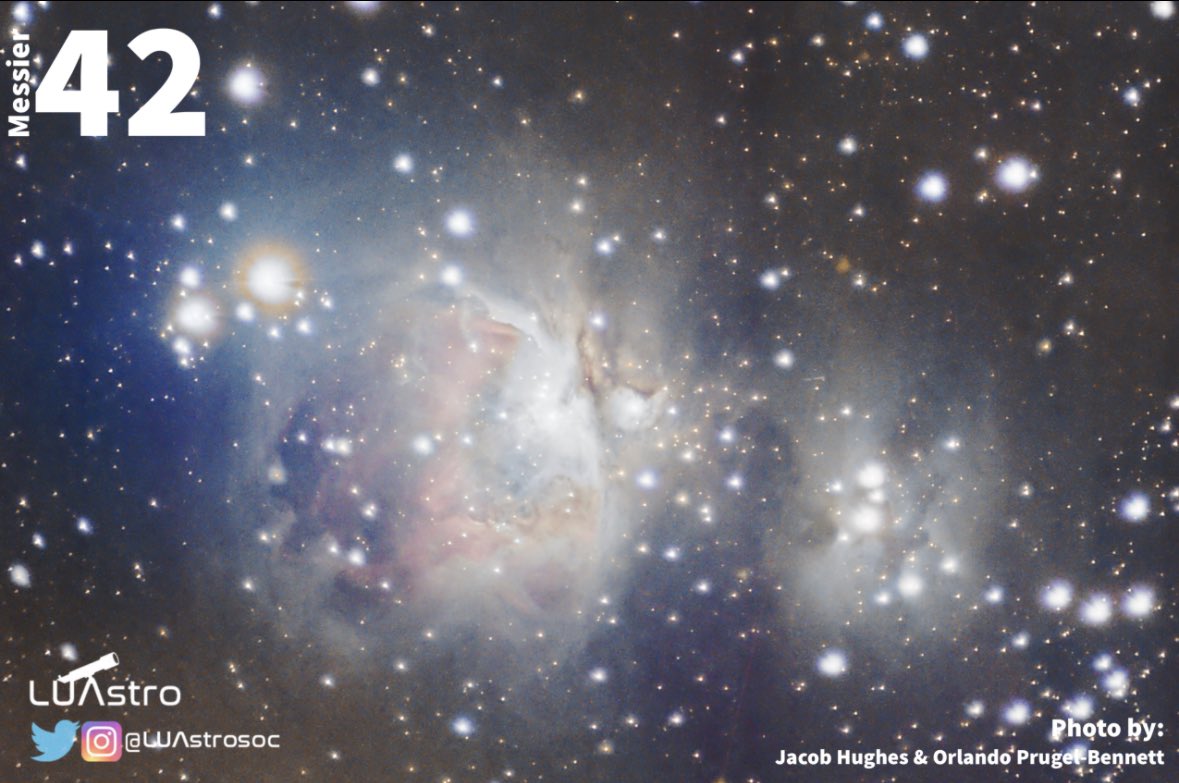Messier 42 - The Orion Nebula. 
One of the brightest nebula and visible to the naked eye, this gorgeous nebula was captured from the <a href="/LancUniPhysics/">Lancaster Physics</a> roof using a little Sky Watcher refractor and Zwo camera. 
Over 900 10s images (osc) were captured to create the final image.