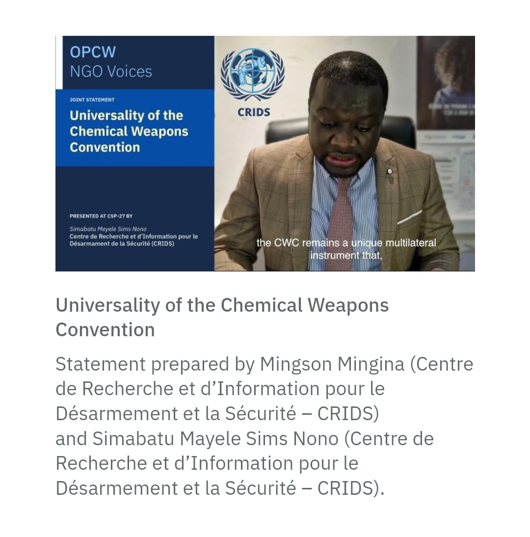 CRIDS_NGO's tweet photo. L’universalité de la #CWC revêt une importance capitale pour obtenir une interdiction totale et vérifiable des armes chimiques.

Pour lire l’intégralité de la déclaration du #CRIDS, voir les vidéos et les déclarations écrites à #CSP27 :➡️ https://t.co/FvPY4RZa1t

#NGOvoicesOPCW https://t.co/IVzLrM3AN0