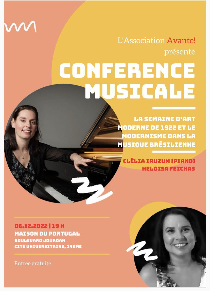 CleliaIruzun's tweet photo. Lecture recital coming up in Paris about Modernism in Brazil with Heloísa Feichas. I will play lots of music!  #villalobos #mignone #guarnieri #levy #nazareth #vianna #marlosnobre #paris #lecture #piano #maisonduportugal https://t.co/Hwc2hCEmrN
