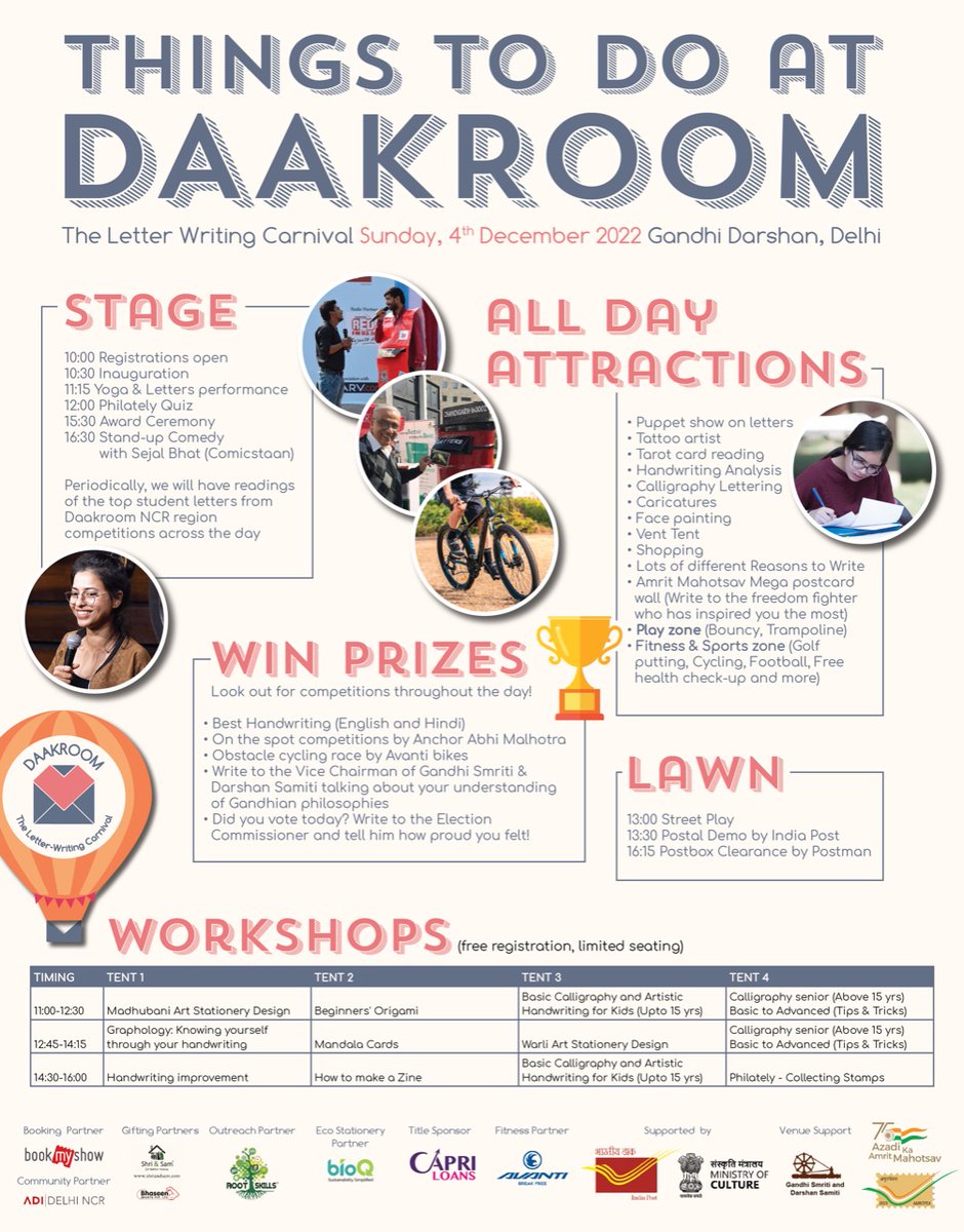 Amritpex2023's tweet photo. Visit Daakroom, The Letter Writing carnival this Sunday the 4th at Gandhi Darshan Delhi for #digitaldetox and a fun family day out!

#AMRITPEX2023 #stampskamahakumbh #philately #beaphilatelist #indiapostaapkadost #stamps #india #indiapost #digitaldetox #kingofhobbies https://t.co/85rotG2xl4