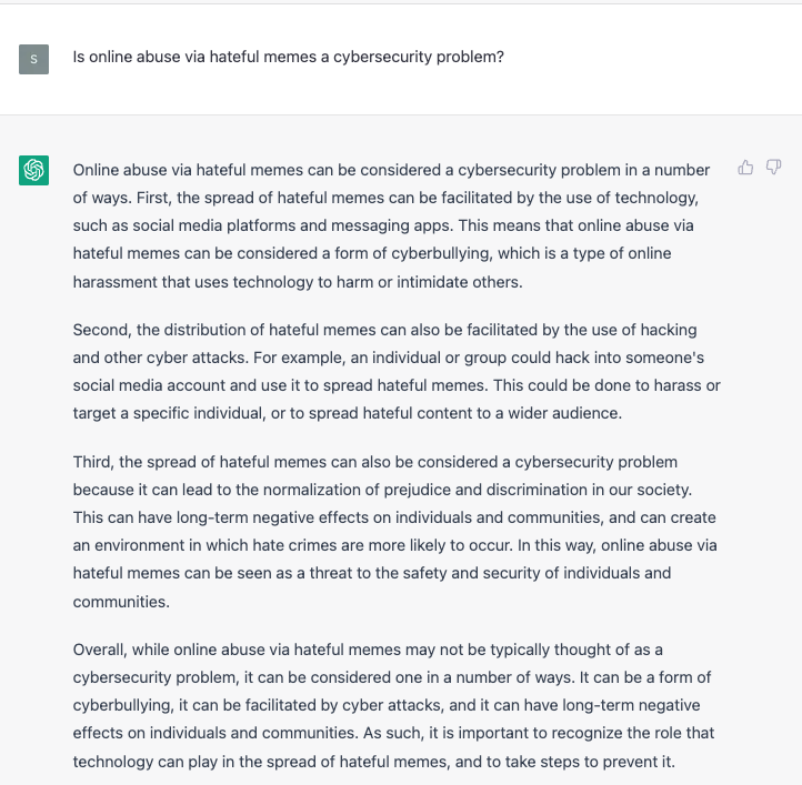 zsavvas90's tweet photo. Hateful memes are indeed a cybersecurity issue. OpenAI's ChatGPT to the rescue :)
#RIPR2 https://t.co/GOX7FVUiAY