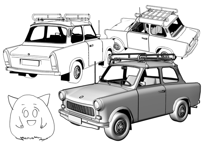 そういえば以前スパイファミリーの二次創作に使えるフォージャー家の愛車、トラバントをフリーで配布してたの思い出しました。DLしたデータをクリスタのカンバスに投げるだけ。細かいところはちゃんと作ってないので、3Dソフトでレンダリングするとぐちゃぐちゃになる。 