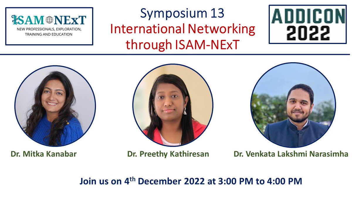 ISAMNExT (@isamnext) on Twitter photo <a href="/isamnext/">ISAMNExT</a> members presenting symposium on "International Networking through ISAM-NExT" at <a href="/addicon2022/">ADDICON2022</a> on 4th December 2022 from 3:00 PM to 4:00 PM IST - Hall 2 !!! <a href="/KanabarMd/">Mitika K</a> <a href="/Dr_Preethy_K/">Preethy Kathiresan</a> @narasimha1988 <a href="/drroshansindia/">Roshan Bhad</a> <a href="/HoseinMohaddes/">Hossein Mohaddes Ardabili</a> <a href="/ISAMAddiction/">ISAMAddiction</a> <a href="/isamnext/">ISAMNExT</a> members presenting symposium on "International Networking through ISAM-NExT" at <a href="/addicon2022/">ADDICON2022</a> on 4th December 2022 from 3:00 PM to 4:00 PM IST - Hall 2 !!! <a href="/KanabarMd/">Mitika K</a> <a href="/Dr_Preethy_K/">Preethy Kathiresan</a> @narasimha1988 <a href="/drroshansindia/">Roshan Bhad</a> <a href="/HoseinMohaddes/">Hossein Mohaddes Ardabili</a> <a href="/ISAMAddiction/">ISAMAddiction</a>