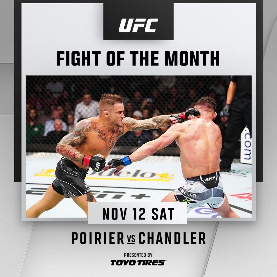 weshoutmedia's tweet photo. UFC Fight of The Month, pada bulan November kemarin jatuh kepada @DustinPoirier &amp; #MichaelChandler 

Pada #UFC281 kemarin, dan dimenangkan oleh #DustinPoirier melalui subsmission, dengan teknik #RearNakedCoke https://t.co/gZHo49K5te