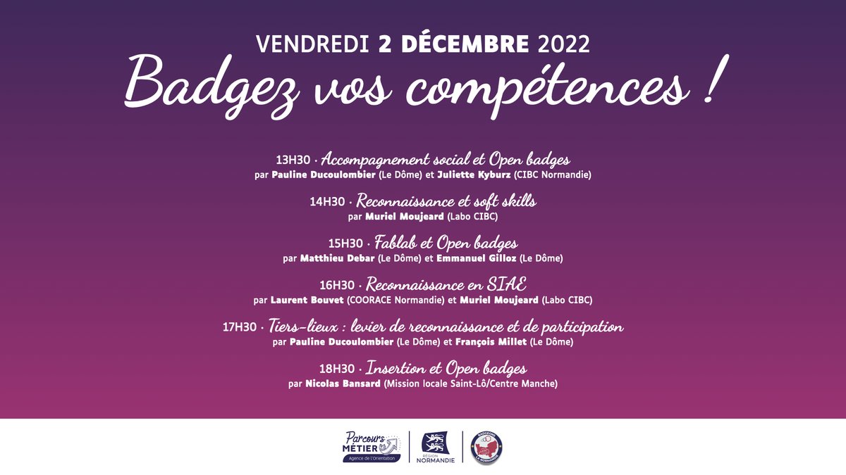 #Actualité · On vous donne rendez-vous demain pour clôturer cette semaine "Badgez vos compétences" avec un dernier cycle de conférences, à partir de 13h30 et en présence de Carine Seiler, Haut-Commissaire aux compétences, mobilisée pour l’occasion ! ▶️ bit.ly/obweek22