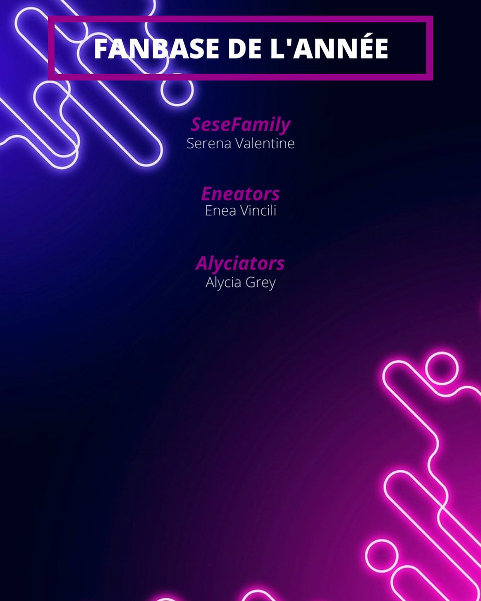 ⠀⠀⠀⠀╱ ❛ FANBASE DE L'ANNÉE ❜
⠀⠀ ⠀⠀ ⠀⠀┊les nommés sont...

⭐️ <a href="/REMEWBERME/">x</a> — SeseFamily
⭐️ @eneavincili — Eneators
⭐️ <a href="/borntodve/">. ݁⋆ ۶ৎ ݁˖ . ݁ ALYCIA GREY</a> — Alyciators
