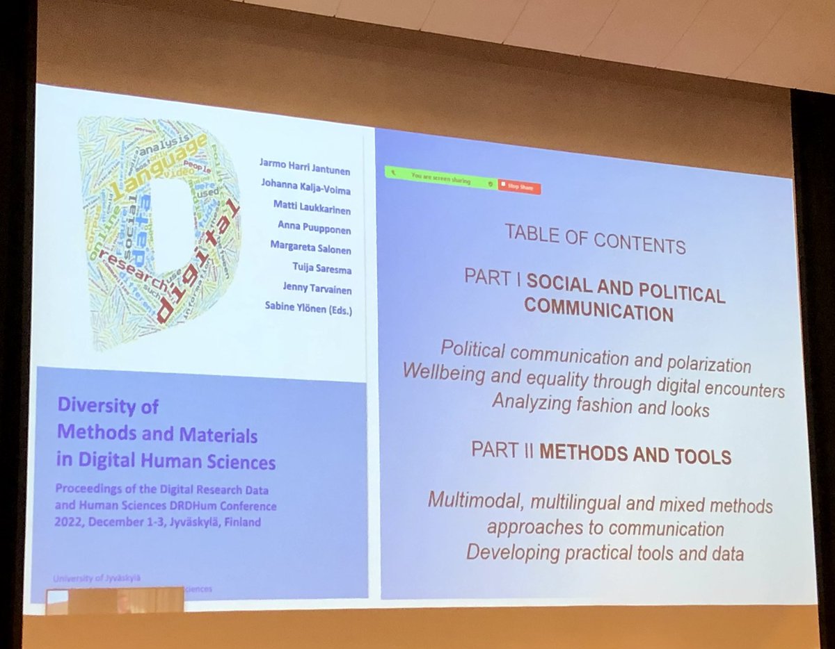 tuijasaresma's tweet photo. International Digital Research Data and Human Sciences — Diversity of Methods and Materials Conference @uniofjyvaskyla @JYUhytk has begun! Conference proceedings published open access online. Topics vary from political communication to multilingualism and fashion. #DRDHum2022 https://t.co/cupI27g6Hx