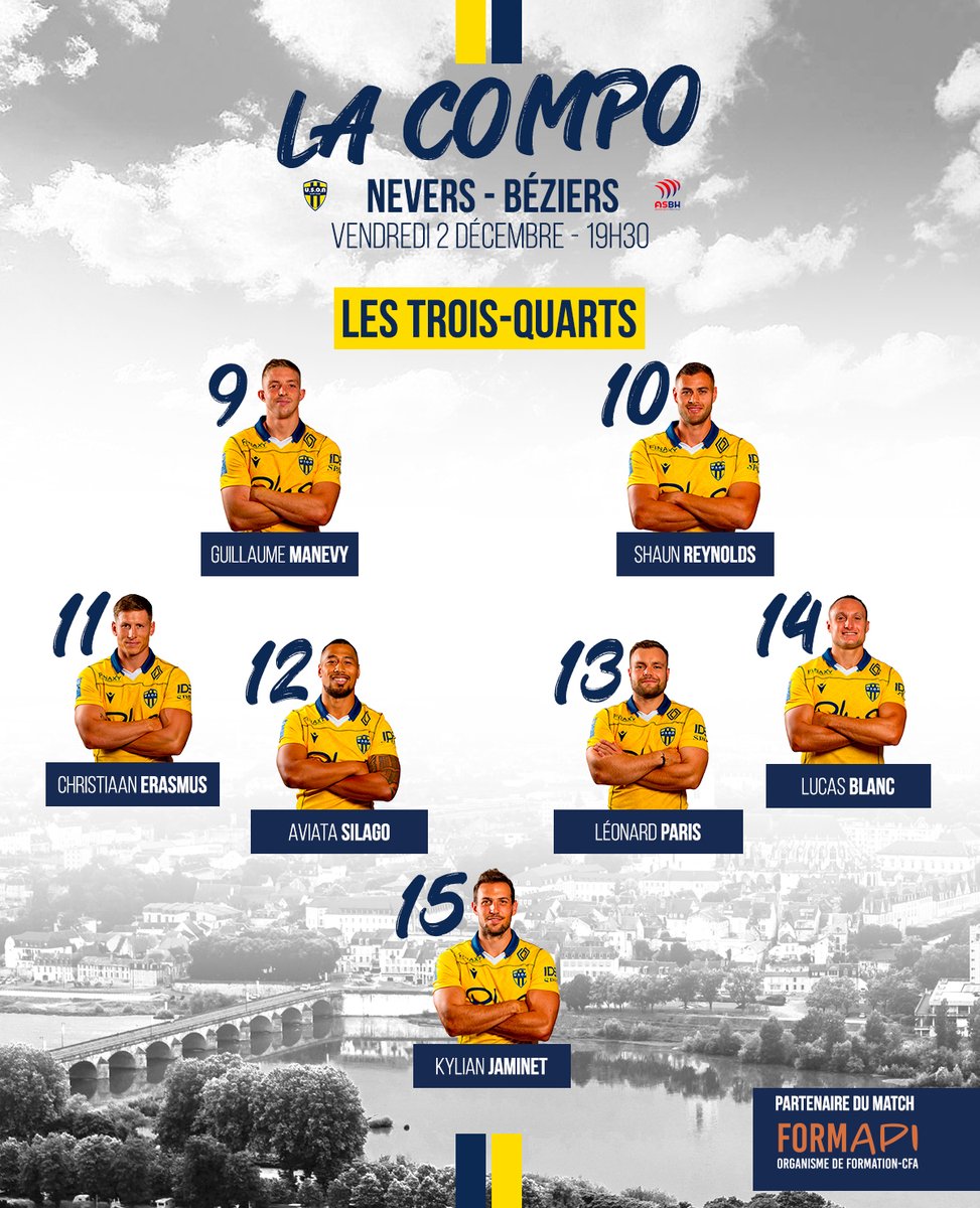 usonneversrugby's tweet photo. 📢 La COMPO !
🏉 Nevers vs Béziers
📅 Vendredi 2 Décembre
🏟 Au Stade du Pré Fleuri
⏰ Coup d'envoi à 19h30
📺 Diffusion sur Rugby +
📱 Actions en live sur notre application USON Nevers Rugby
💻 En détail sur https://t.co/v3kw7xNLWw
#USONASBH #PROD2 #J13 https://t.co/ITziryGJYL