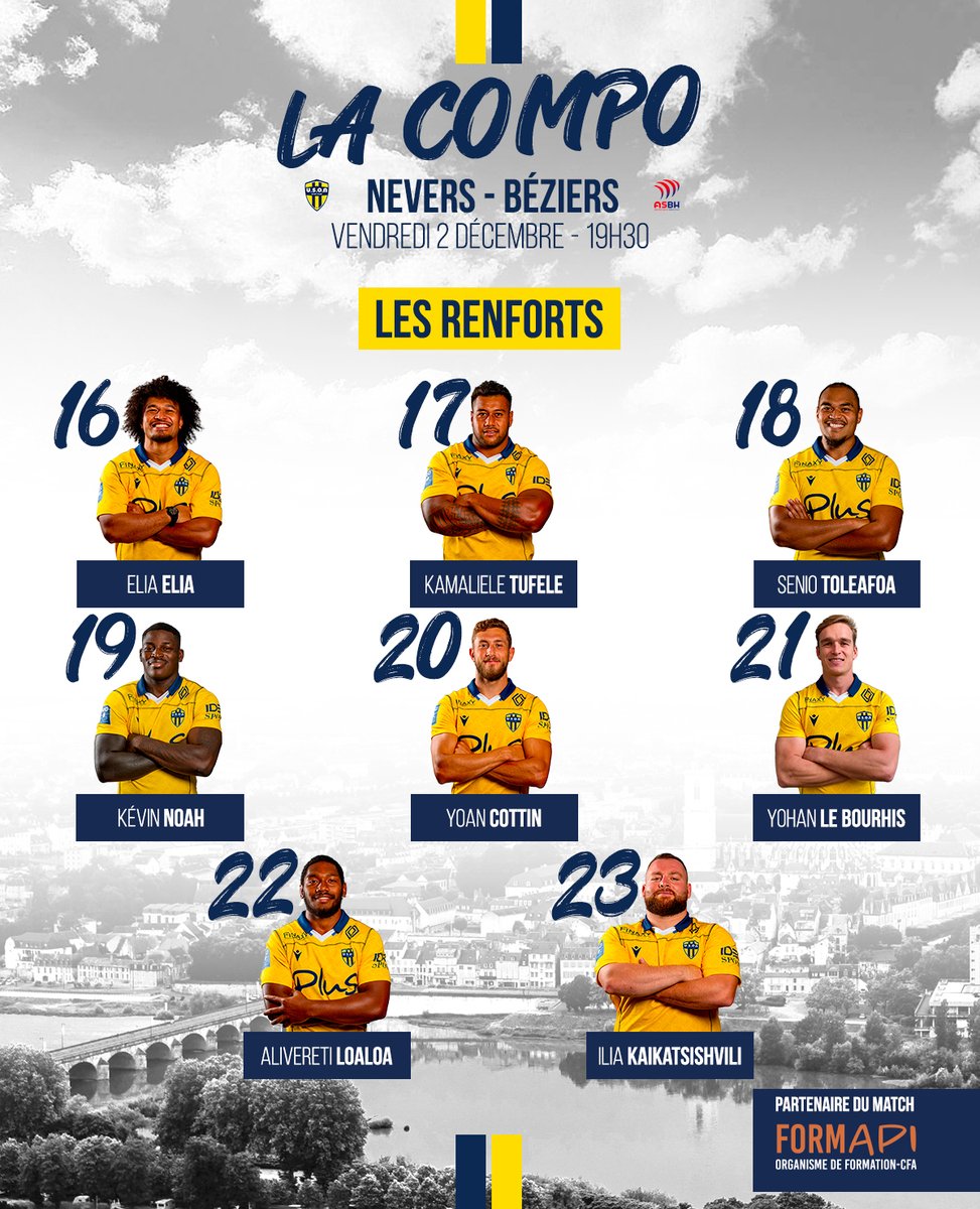 usonneversrugby's tweet photo. 📢 La COMPO !
🏉 Nevers vs Béziers
📅 Vendredi 2 Décembre
🏟 Au Stade du Pré Fleuri
⏰ Coup d'envoi à 19h30
📺 Diffusion sur Rugby +
📱 Actions en live sur notre application USON Nevers Rugby
💻 En détail sur https://t.co/v3kw7xNLWw
#USONASBH #PROD2 #J13 https://t.co/ITziryGJYL