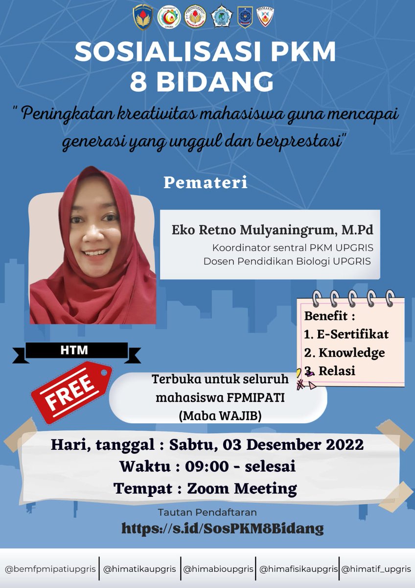 bemfpmipati's tweet photo. Sosialisasi PKM 8 Bidang

Hai teman-teman Milenial✨
BEM FPMIPATI Universitas PGRI Semarang dengan bangga mempersembahkan Sosialisasi PKM 8 Bidang

SELURUH MAHASISWA FPMIPATI

LINK PENDAFTARAN
https://t.co/OMINqsKFay

#SosialisasiPKM #PKM #UPGRIS #BEMFPMIPATIUPGRIS2022 https://t.co/Mz9VLrzA2E