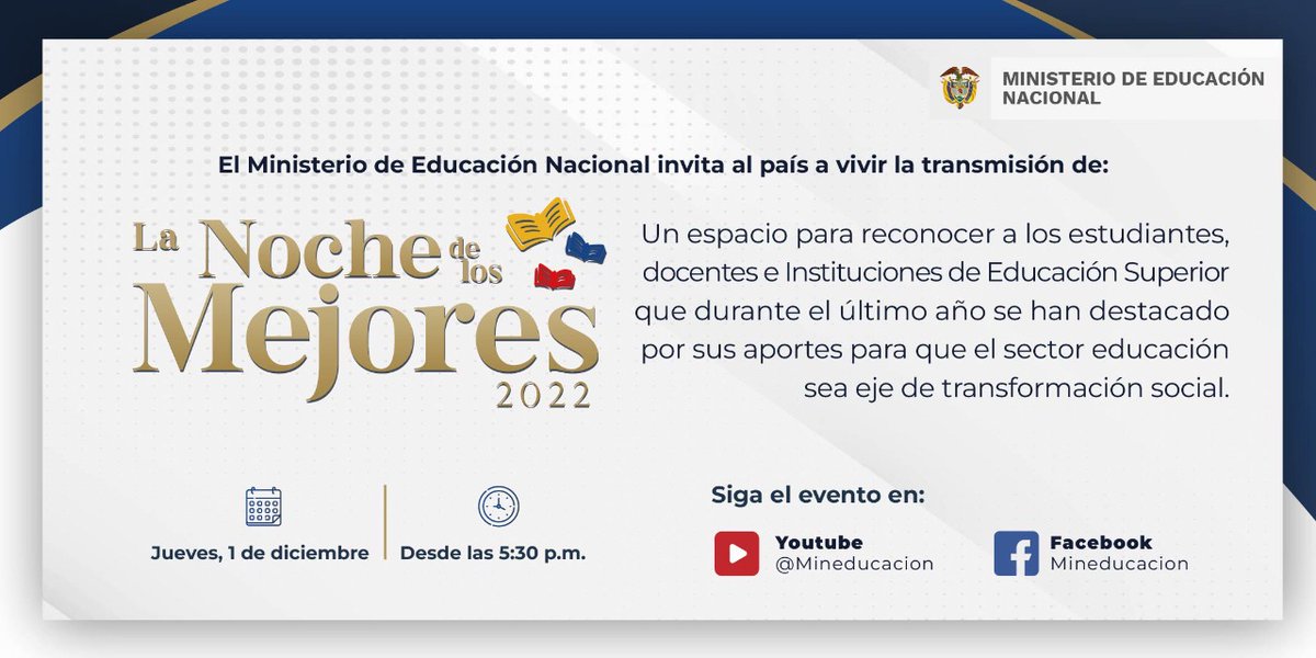 Mineducacion's tweet photo. ¡Llegó el día! 🥳 Hoy, reconoceremos el valioso trabajo que realizan estudiantes, docentes e instituciones de Educación Superior en la búsqueda de una #EducaciónDeCalidad. 

Conéctate a las 5:30 p.m. a #LaNocheDeLosMejores ✨📡👉 https://t.co/vXkFOqwMdv https://t.co/LYpmcrzyQv