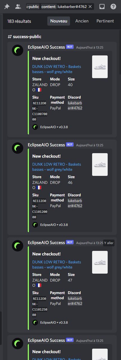 183 checkouts this morning 🚨🇫🇷

EclispeAIO smashed today💥x40 dunks b/w gs and wmns, x25 dunks low wolf grey/white

Great work to all !
<a href="/eclipseaiobot/">EclipseAIO</a>

@DreamProxies
 
<a href="/TheLemonClub_/">LemonClub</a>
 
<a href="/RetailByRampage/">Rampage Retail</a>
 
<a href="/Marsproxies/">MarsProxies</a>
