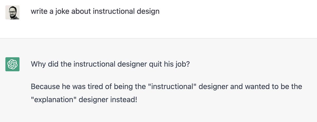 Generative AI is getting out of control. I didn't think #GPT3 was capable of comedy too. 

I'm embarrassed to admit that I laughed a little bit.