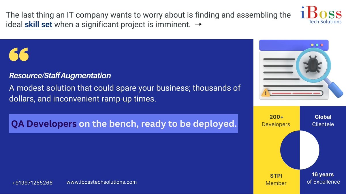 Scalongpltd's tweet photo. The right IT resources leg up you to provide the customers with a matchless user experience and elevate customer satisfaction.
Address the everyday challenges with iBoss #resourceaugmentation services.
sales@ibosstechsolutions.com
--
#certifiedprofessional #QAdevelopers https://t.co/BeatMjHi7p