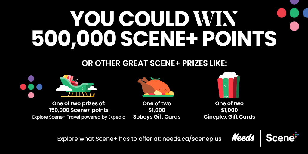 NeedsStores's tweet photo. Enter for a chance to win:
✨ 150,000 Scene+ Points
✨ A $1000 Sobeys Gift Card
✨ A $1000 Cineplex Gift Card
https://t.co/ZcyQxDJ2UD 
Come back tomorrow for another chance! Don't forget scan your Scene+ card instore for a chance at 500,000 Scene+ Points! https://t.co/DL4QQB5Ym9