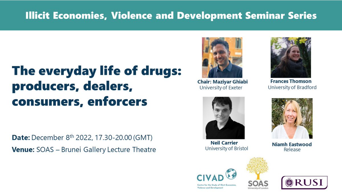 civad_soas's tweet photo. One week to go until the @SOAS @RUSI_org seminar taking place at SOAS in London. Fantastic line-up of speakers!
Please register your attendance here or sign up to watch online, 8th Dec➡️https://t.co/7GkItDXnLq
#IllicitEconomies #violence #development #drugs https://t.co/JeLQK3wJLp