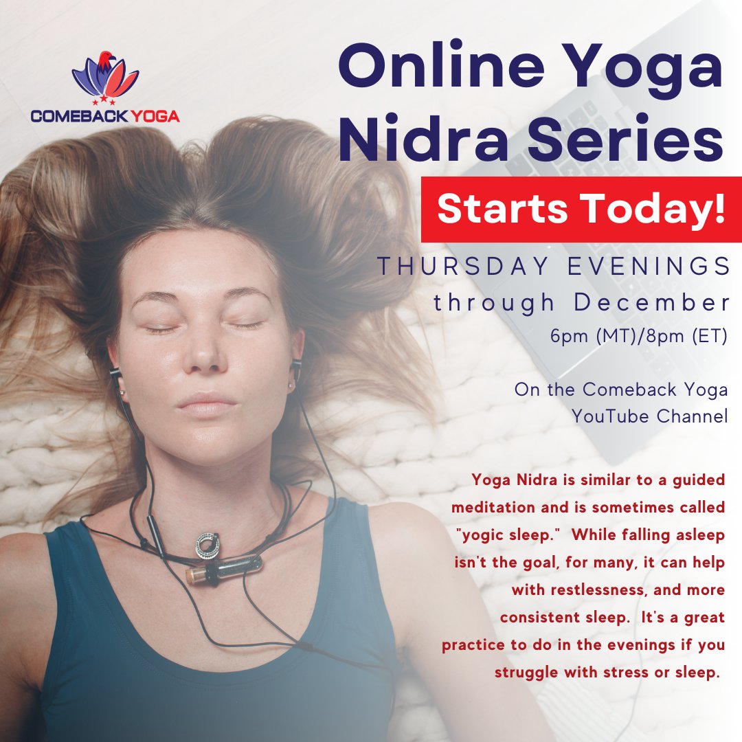 ComebackYoga's tweet photo. Our Yoga Nidra series starts this evening! 6PM(MT)/8PM(ET) on the Comeback Yoga YouTube channel.
https://t.co/6suMTdSEe2
#YogaNidra #YogaRest #VeteransYoga #Yoga #YogaOnline #MilitaryYoga #TraumaInformedYoga https://t.co/ELoORXowPM