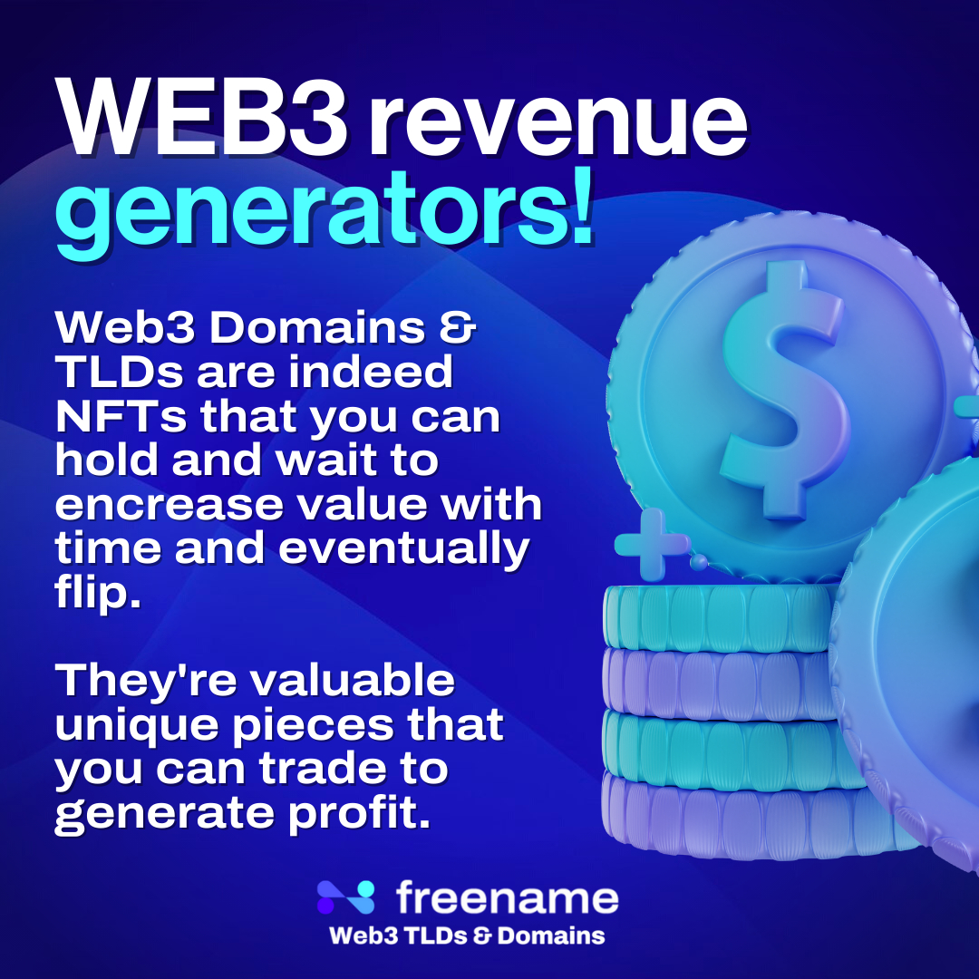 freename's tweet image. 🔹Create, mint, own your favourite #Web3 #TLD!⁣
🔹Receive passive income from your TLD, every time they are used to create a new domain!

🔵 Generate #revenue with your #TLD property by earning 50% #Royalties 💸
#crypto #metaverse #blockchain #domainer