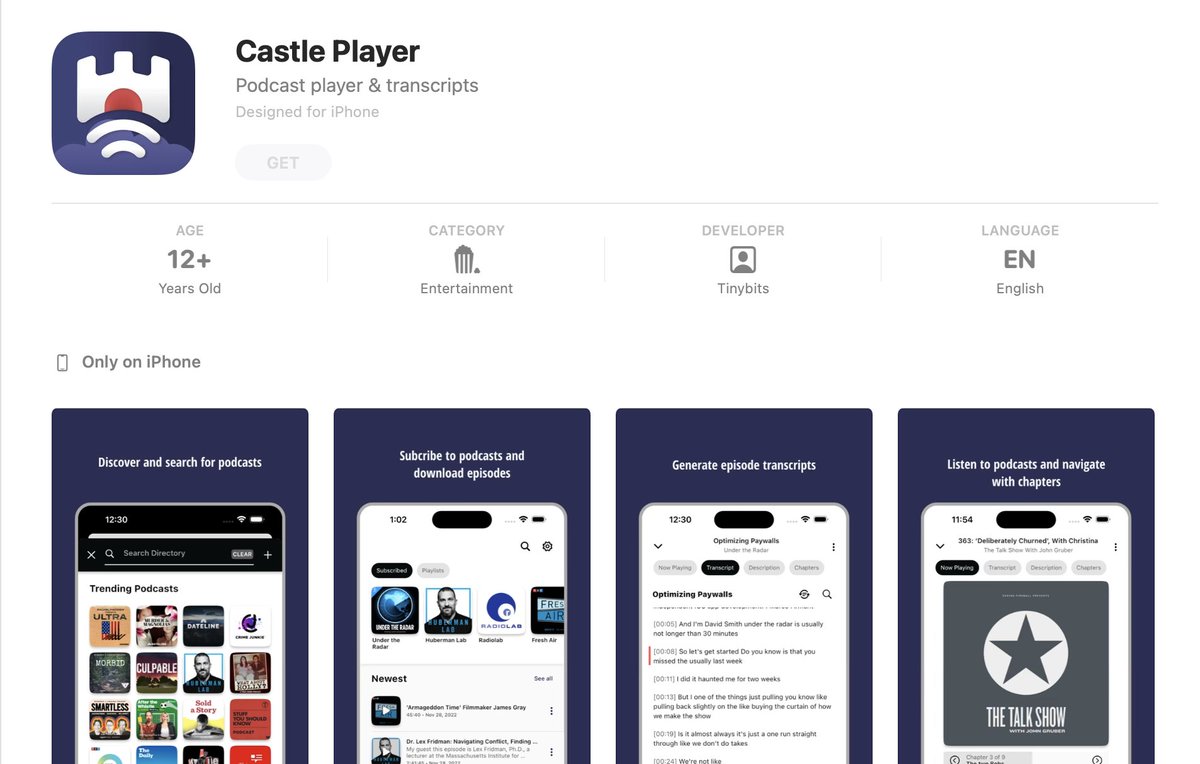 castle_player's tweet photo. A brand new podcast player app that also accurately  transcribes the audio thanks to @OpenAI's Whisper. 

Available for both iOS and Android
https://t.co/7M3g5iJeBv https://t.co/GDhSYLlYkT