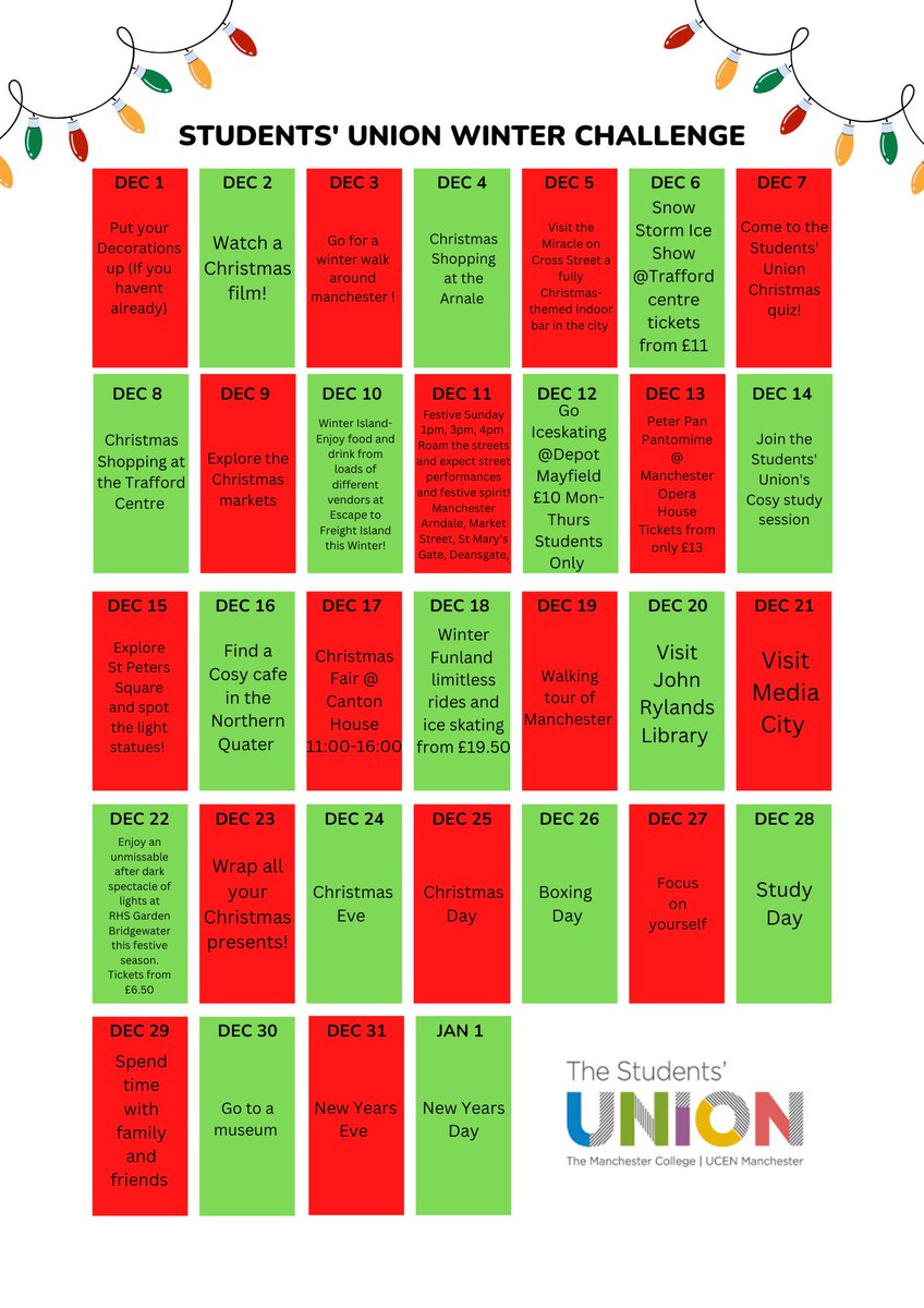 IT'S THE FIRST OF DECEMBER! So, to celebrate we are sharing 31 things to in Manchester this festive season. Some things are for students or 18+ only so just check before you go that you have your ID :) 🌲🎅