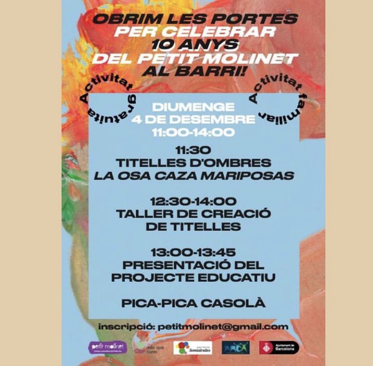 PetitMolinet's tweet photo. Fem 10 anys de #criançacomunitària i #educaciolliure i ho volem celebrar amb el barri amb titelles, taller i pica-pica 🌈🤸🏽‍♀️🎉 
Veniu!
📆diumenge 4, 11-14h
📍c/ Concòrdia 12, baixos esq (Poble Sec) https://t.co/DieFNdSffE