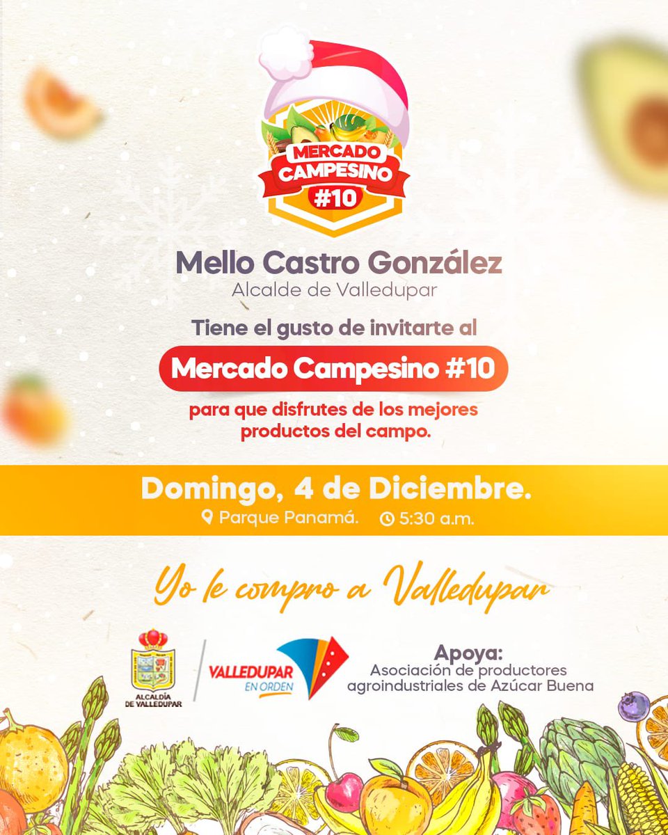 Nos vemos este #Domingo en la décima versión de nuestro #MercadoCampesino. 🍍🍌🍅🥔
📍En el Parque Panamá disfruta de los productos frescos y de calidad que traerán a #Valledupar los campesinos de más de 5 veredas y municipios aledaños. 

¡Te esperamos!
