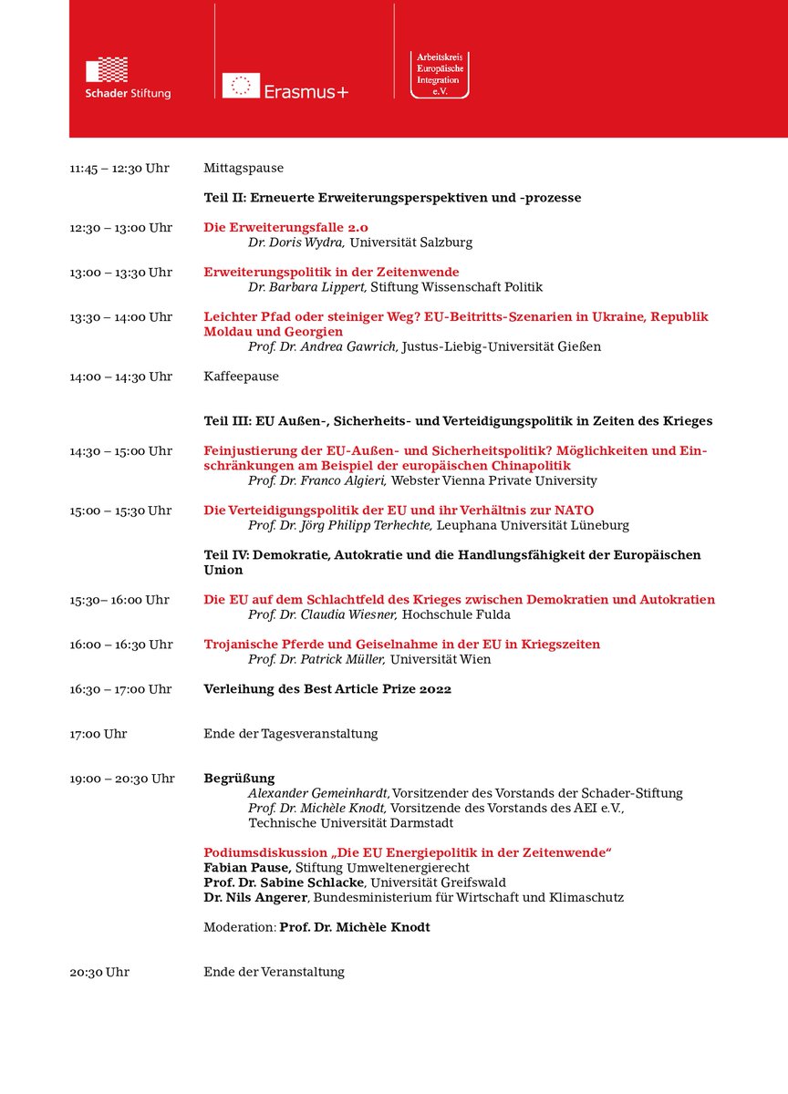 Kommende Woche Donnerstag, den 8. Dezember, sprechen wir in der #Schader-Stiftung gemeinsam mit dem <a href="/AEI_eV/">Arbeitskreis Europäische Integration e.V. (AEI)</a>, der <a href="/TUDarmstadt/">TU Darmstadt</a> und <a href="/michele_knodt/">Michele Knodt</a> über die #Zeitenwende in der #EU-#Außenpolitik im Zuge des Krieges in der #Ukraine. 

Mehr Infos: schader-stiftung.de/zeitenwende
